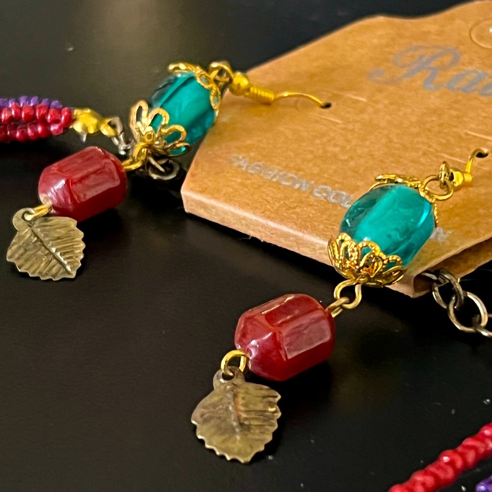 Beaded Colorful Layered Necklace and Earrings Set with Leaf Detail